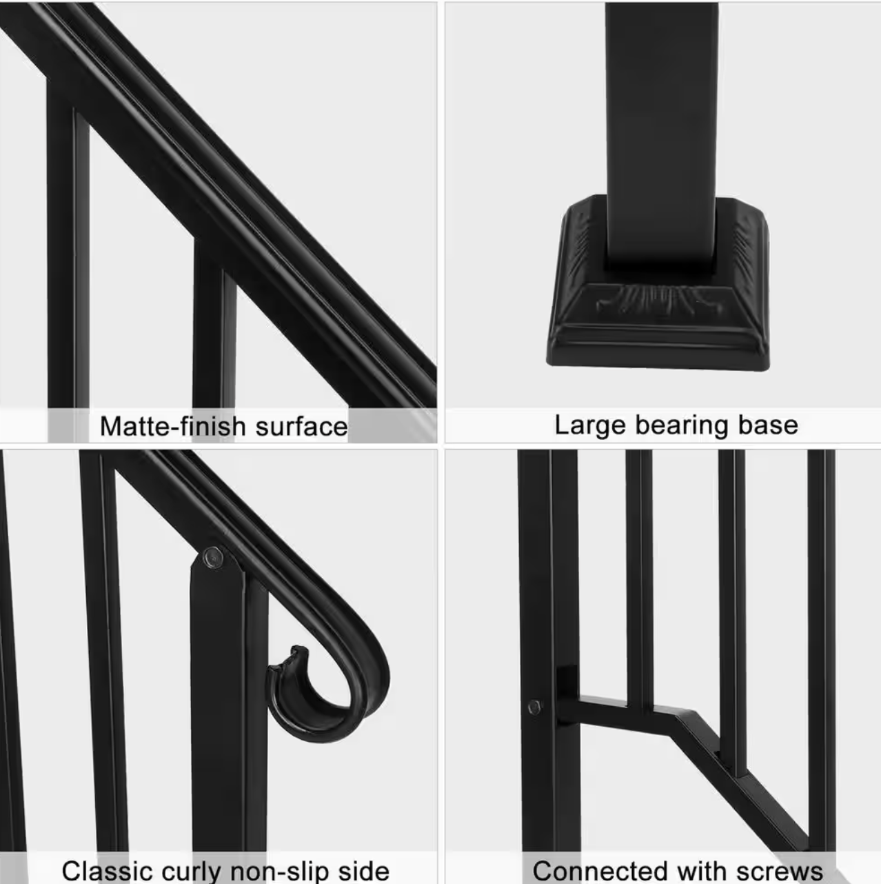Wrought Iron Outdoor Stair Handrail for 3 Steps, Matte Black