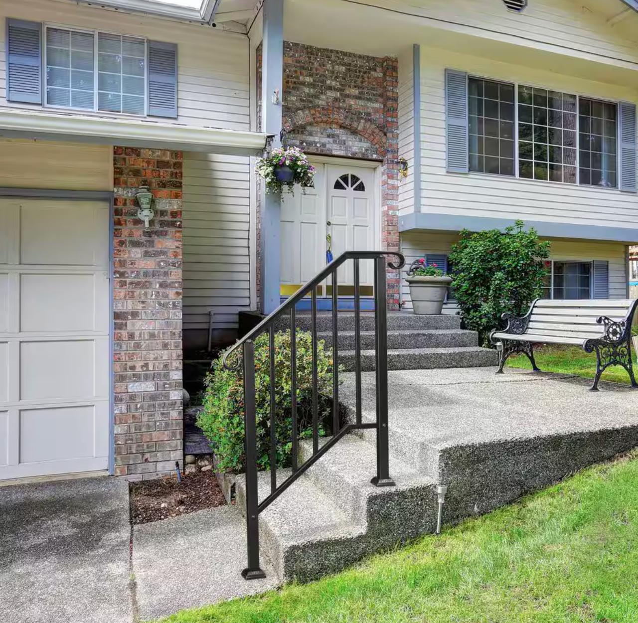 Wrought Iron Outdoor Stair Handrail for 3 Steps, Matte Black