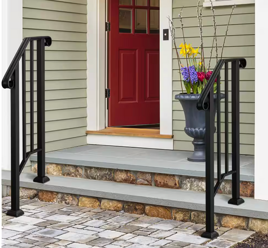 Wrought Iron Outdoor Stair Handrail for 1 Step, Black