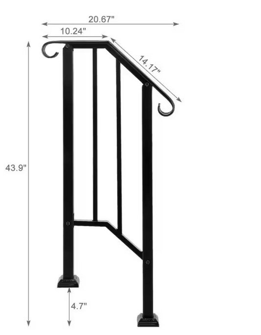 Wrought Iron Outdoor Stair Handrail for 1 Step, Black