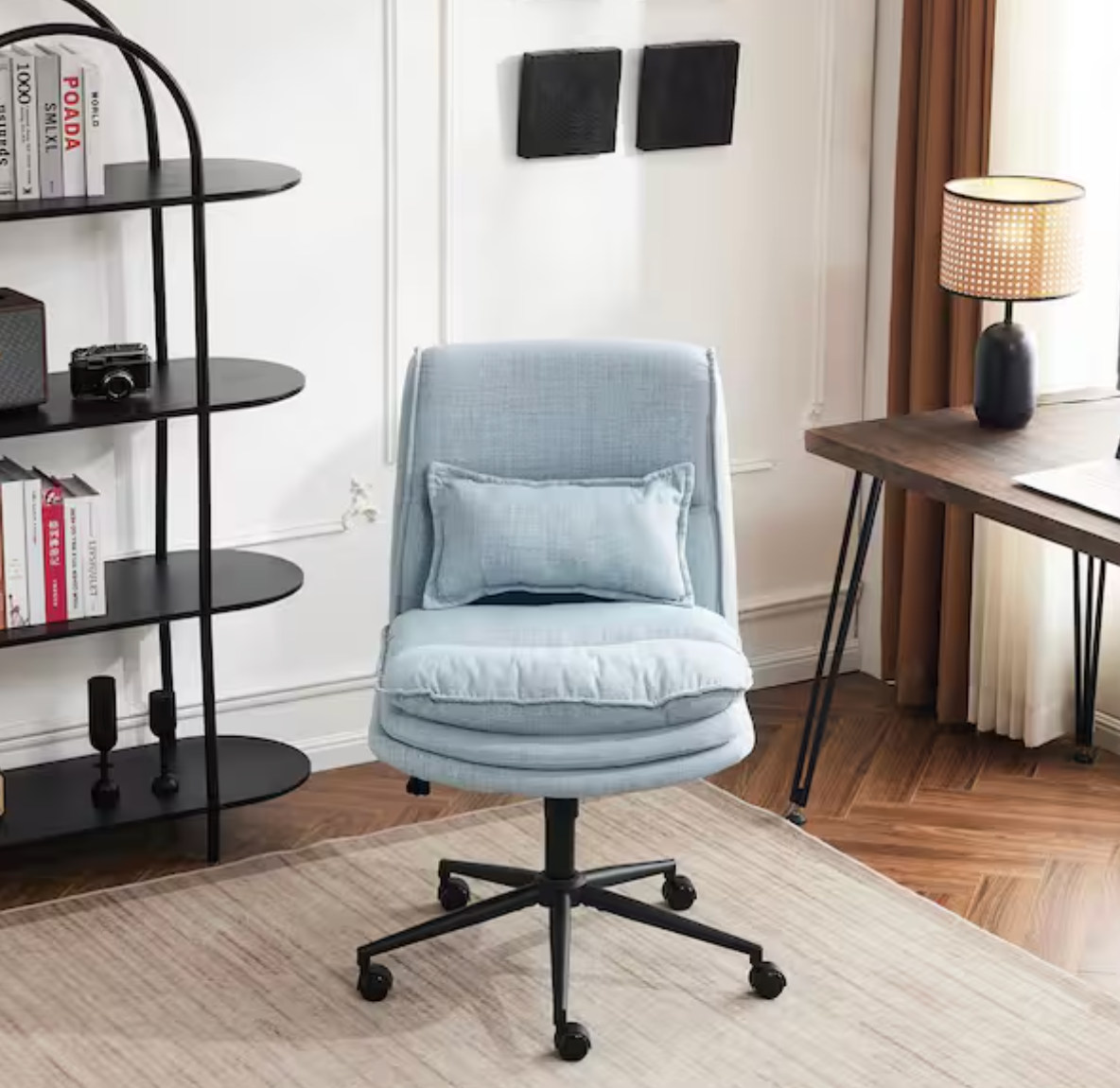 Adjustable Height Light Blue Teddy Velvet Swivel Chair Gold Base