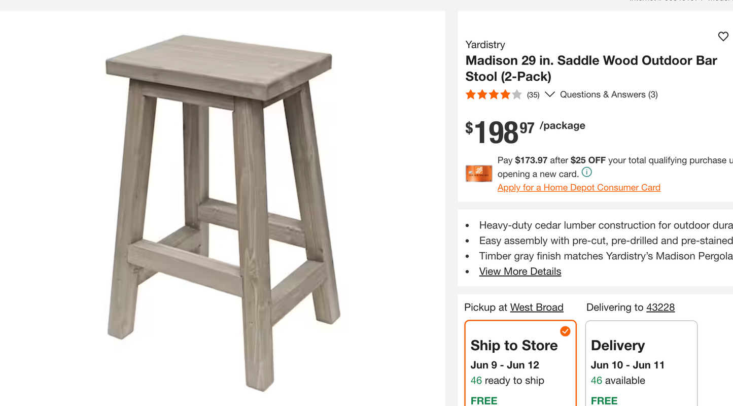 Premium Cedar Wood Outdoor Saddle Bar Stools Set of 2, New