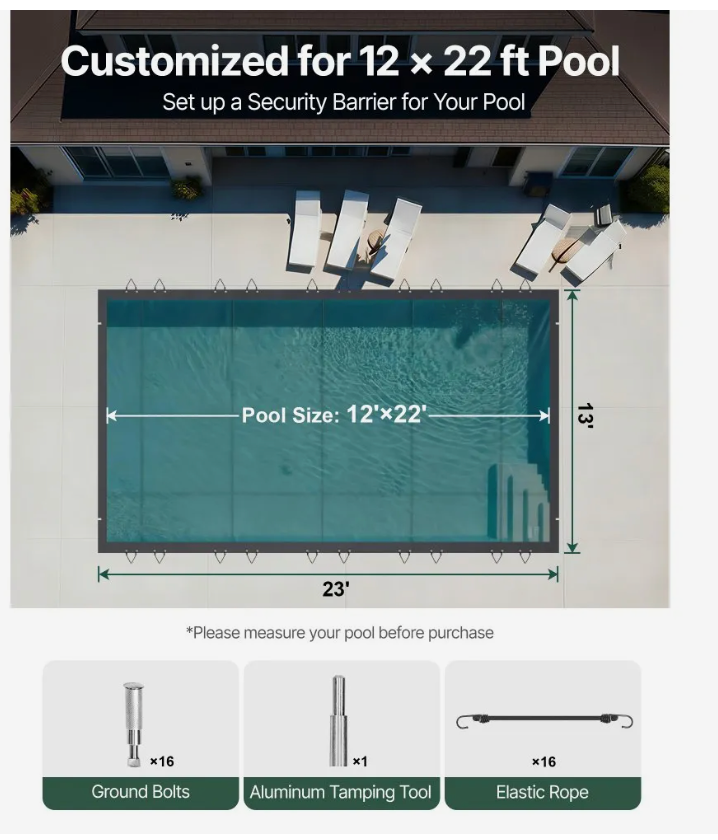 VEVOR 13x23 ft PVC Winter Pool Cover Fits 12x22 ft Inground Pool, New