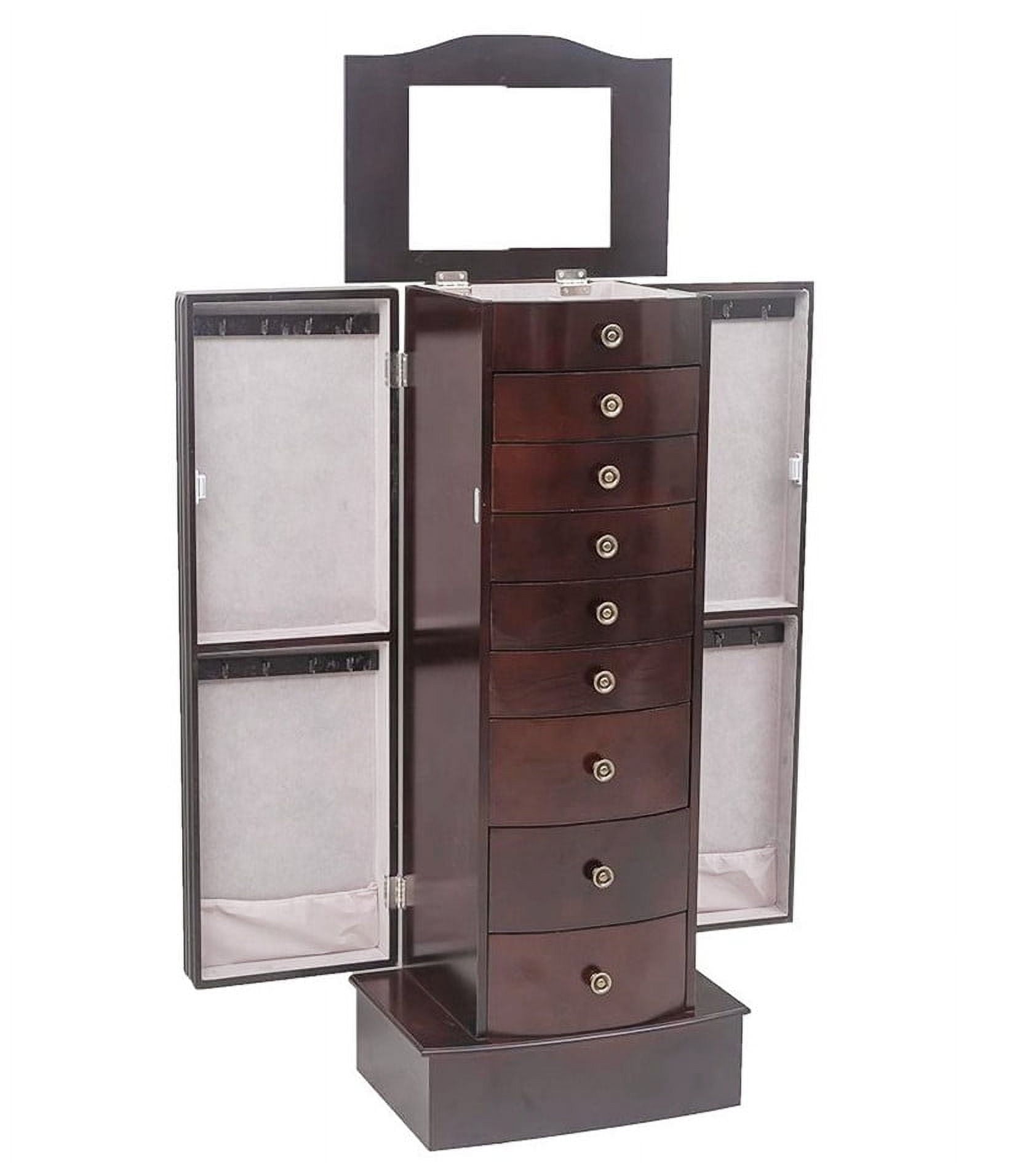 8-Drawer Jewelry Cabinet Wooden Armoire with Mirror Brown