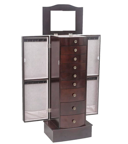 8-Drawer Jewelry Cabinet Wooden Armoire with Mirror Brown