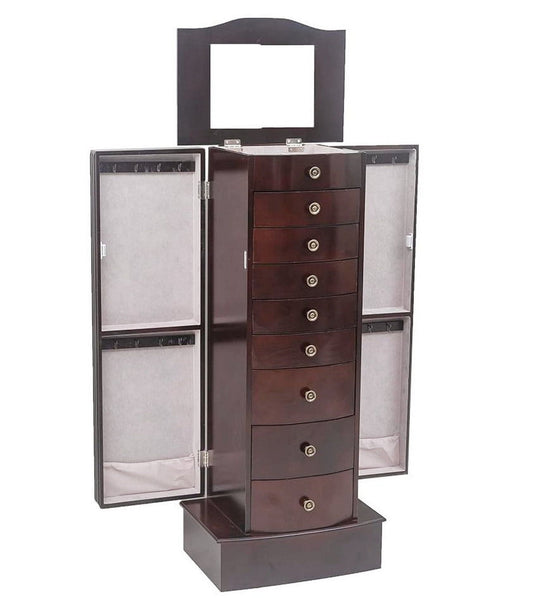 8-Drawer Jewelry Cabinet Wooden Armoire with Mirror Brown