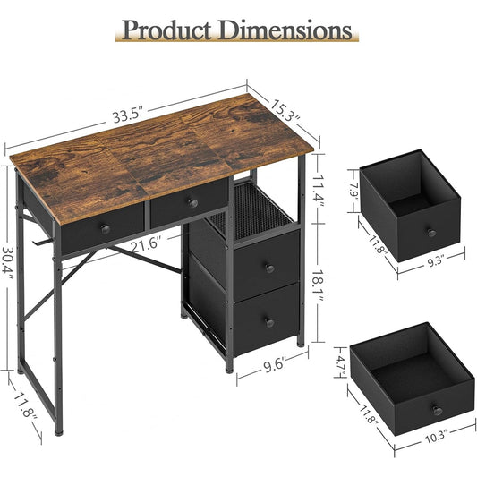 Fabric Drawer Computer Desk – Black, Compact Writing Desk with 4 Storage Drawers
