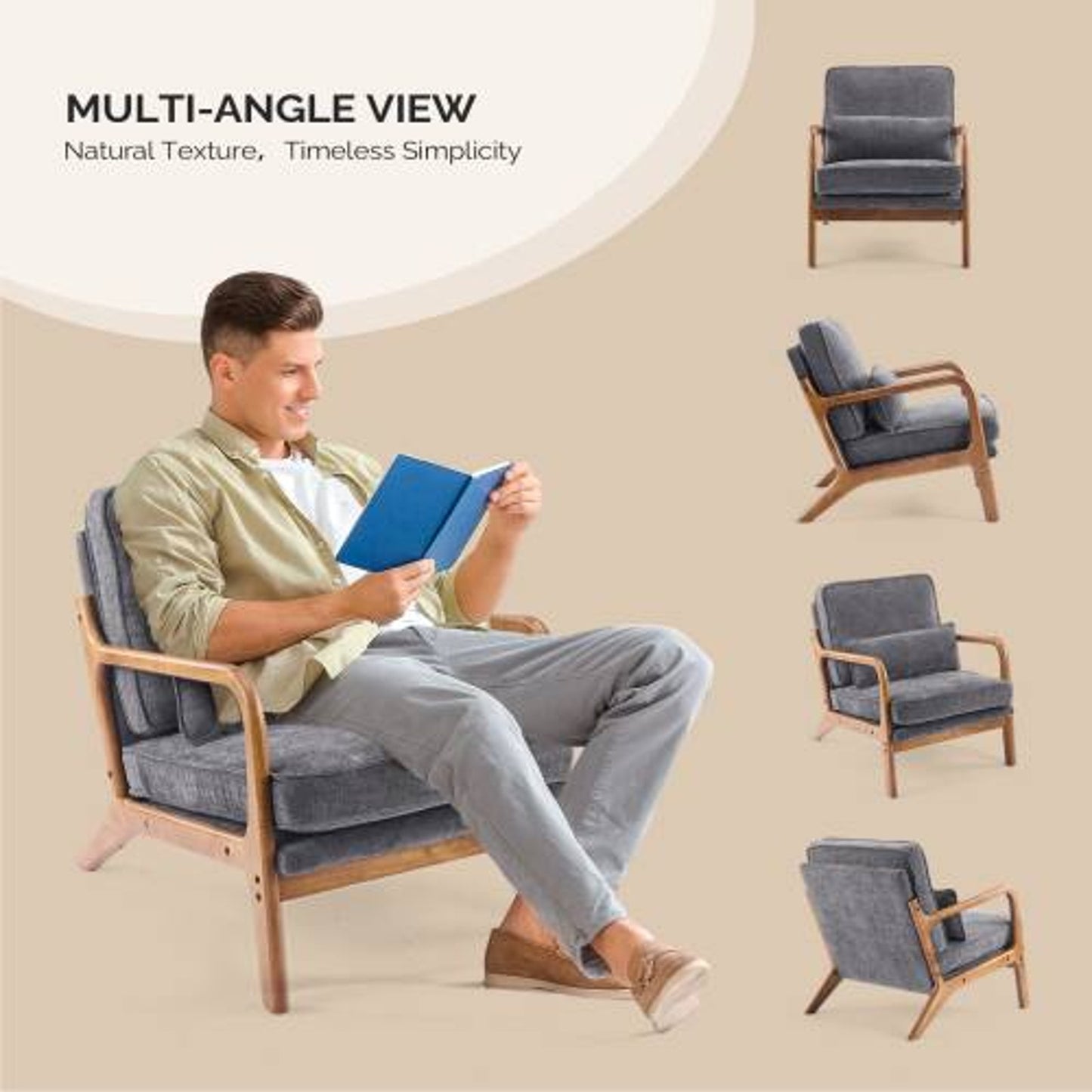 Mid-Century Modern Chenille Accent Chair with Wood Frame & Pillow