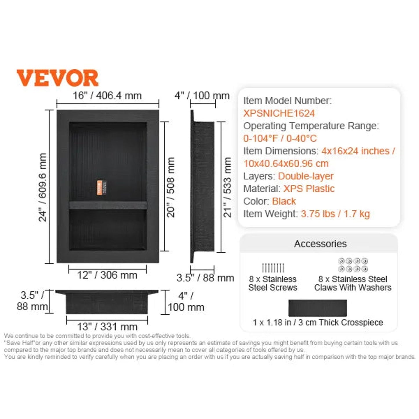 VEVOR 16x24 Double Shelf Recessed Shower Niche - Tile Ready Waterproof Wall Organizer