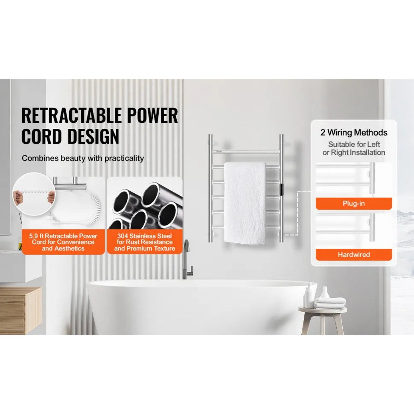 VEVOR 6-Bar Wall Mounted Heated Towel Rack for Bathroom, Silver Finish