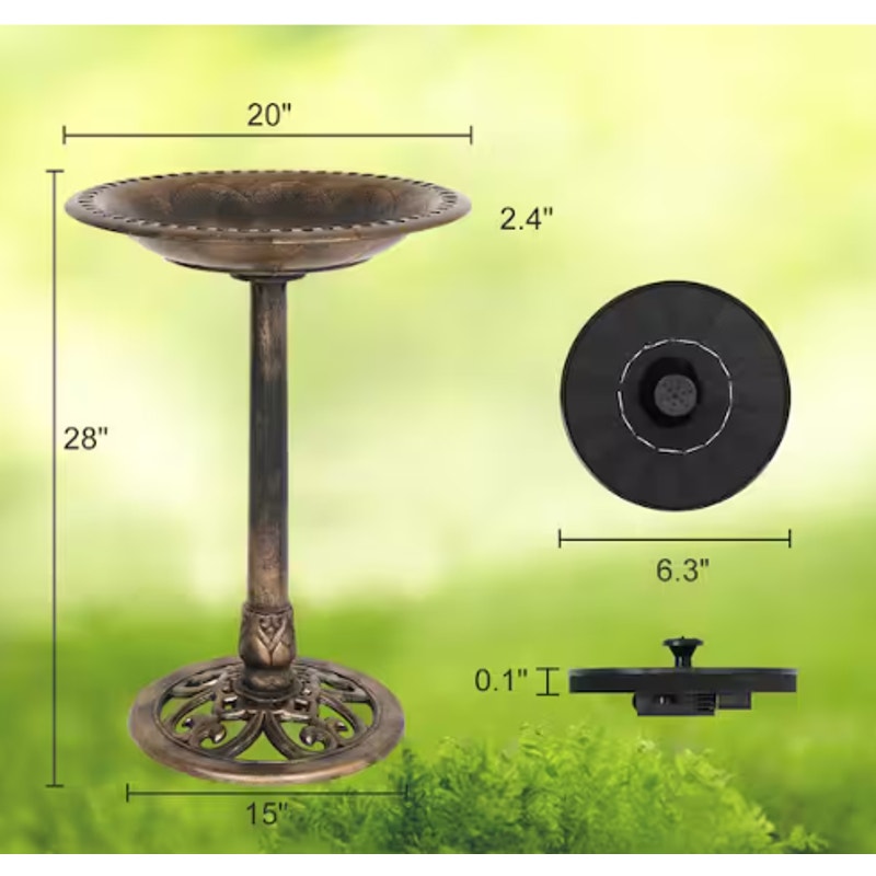 28” Antique Copper Bird Bath with Solar Fountain / Weather-Resistant Resin