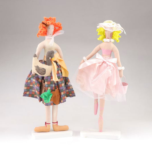 Modern 20” Handmade Cloth Art Doll Pair Folk Art Country Ballerina Goose