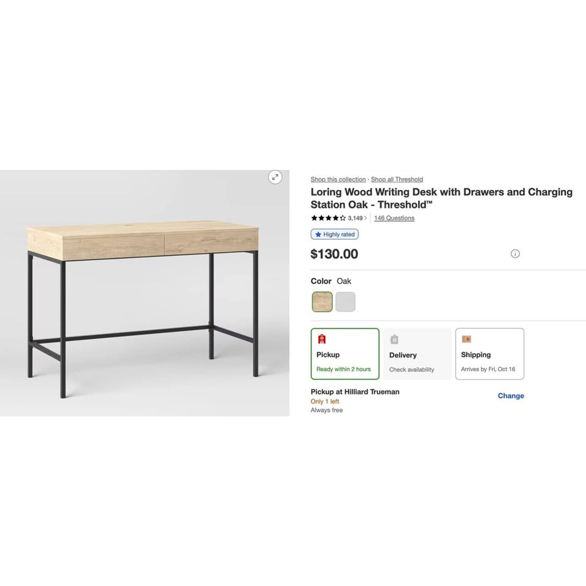 Threshold Loring Writing Desk with Drawers & Charging Station