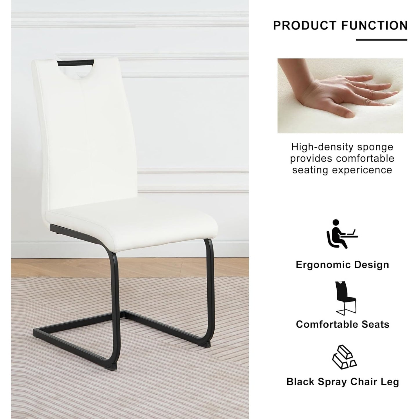 Modern White PU Upholstered Dining Chairs, Black Metal Legs, Set of 2