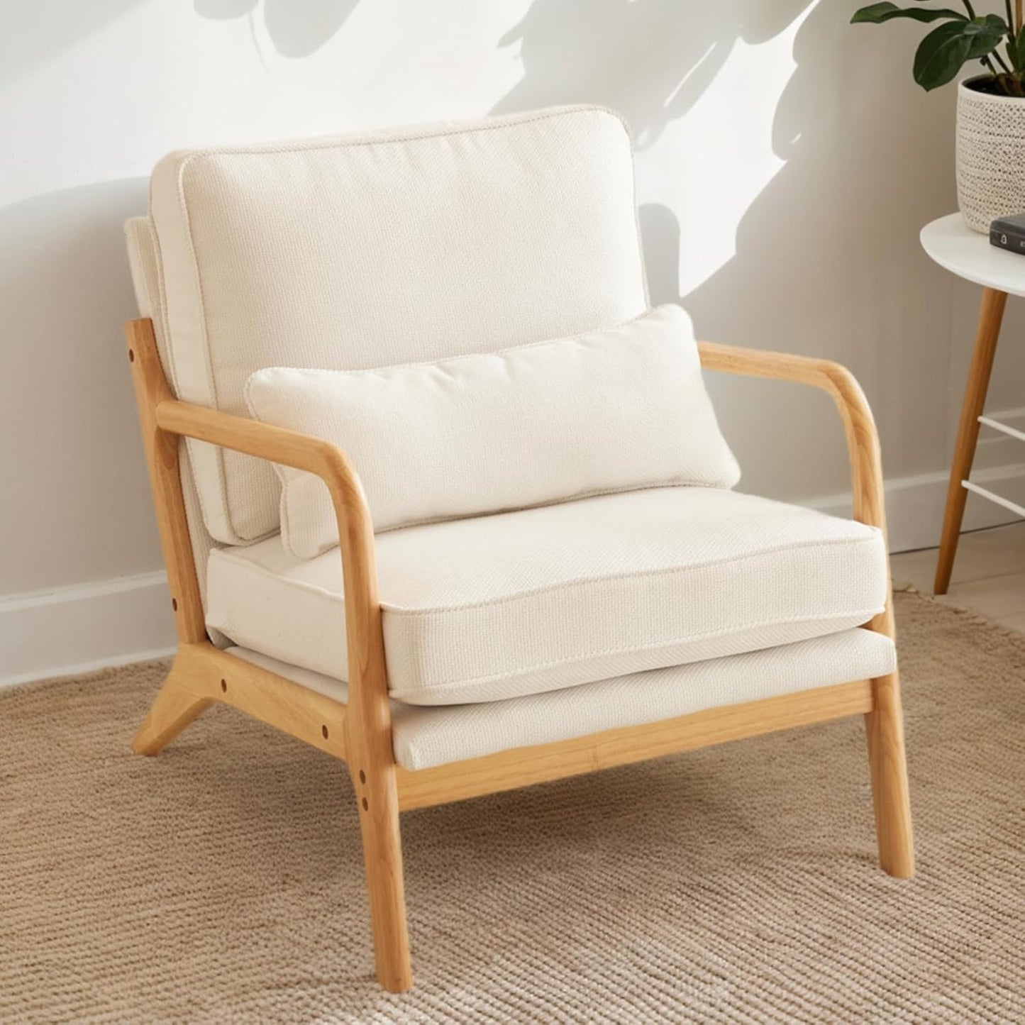 Modern Mid-Century Accent Chair with Flared Wood Legs and Pillow