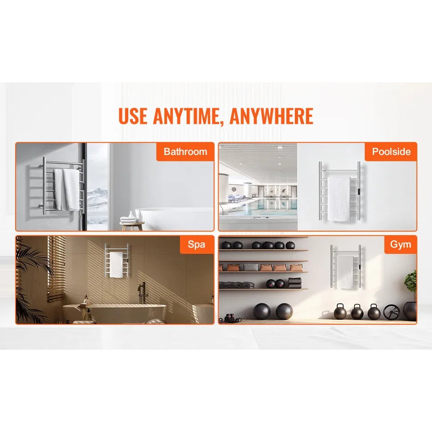 VEVOR 6-Bar Wall Mounted Heated Towel Rack for Bathroom, Silver Finish