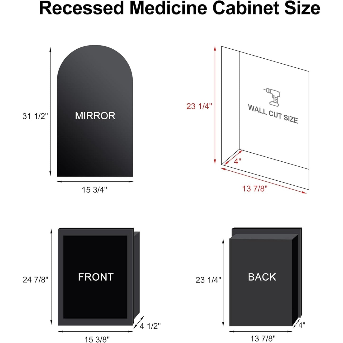 Recessed Arched Medicine Cabinet With Mirror 16x31 Black
