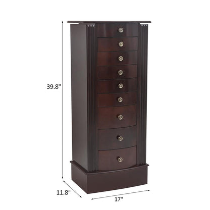 8-Drawer Jewelry Cabinet Wooden Armoire with Mirror Brown