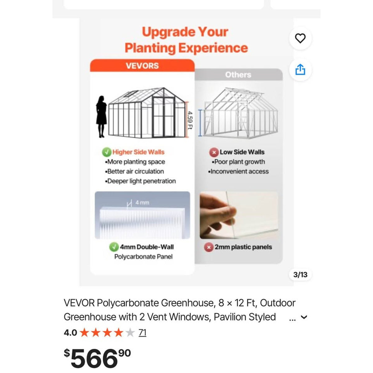 VEVOR Polycarbonate Greenhouse, 8 x 12 Ft, Outdoor Greenhouse with 2 Vent Windows, Pavilion Styled