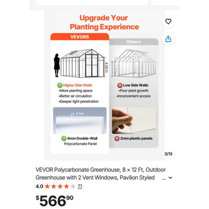 VEVOR Polycarbonate Greenhouse, 8 x 12 Ft, Outdoor Greenhouse with 2 Vent Windows, Pavilion Styled