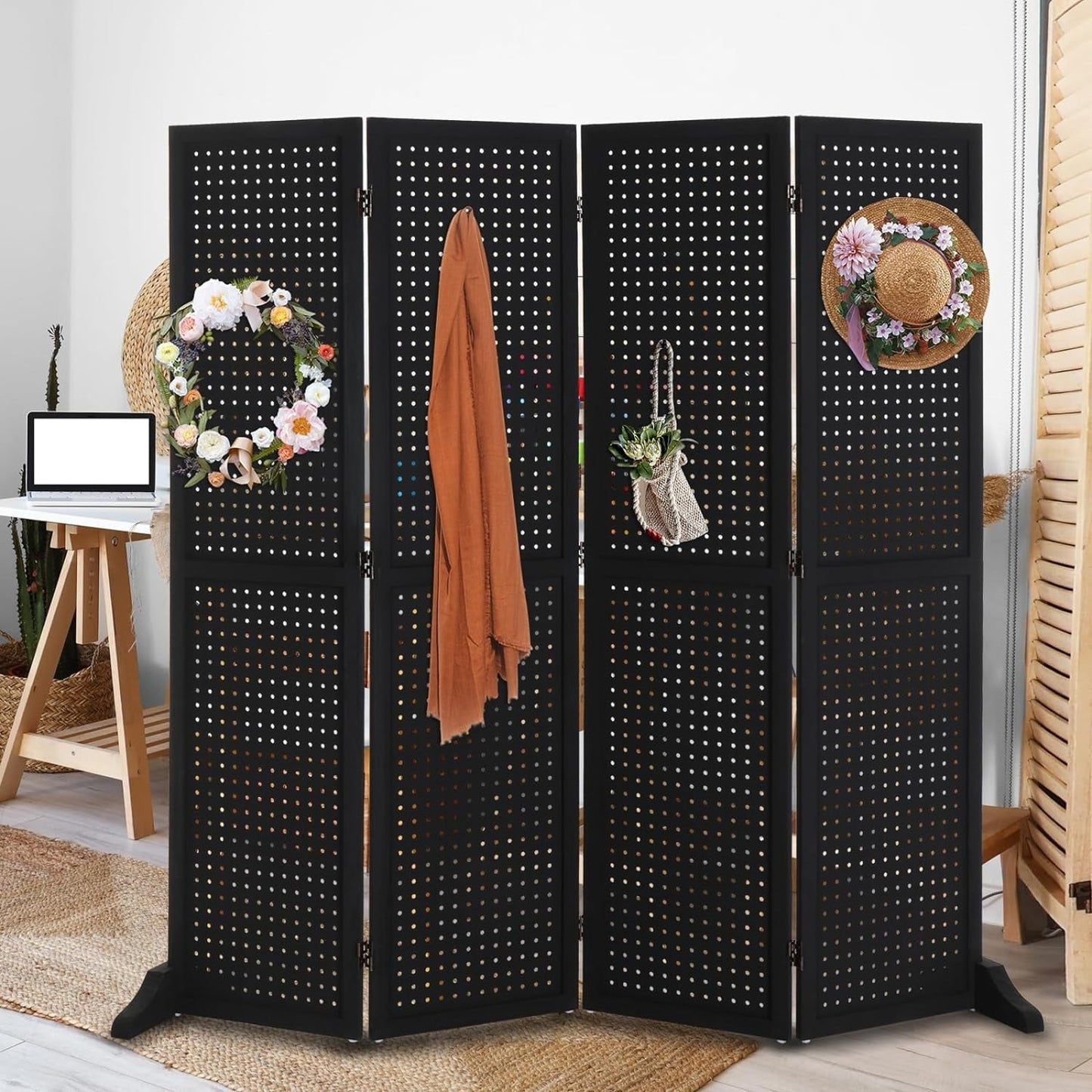 Foldable Wooden Pegboard Display with 4 Panels, Freestanding Craft Organizer