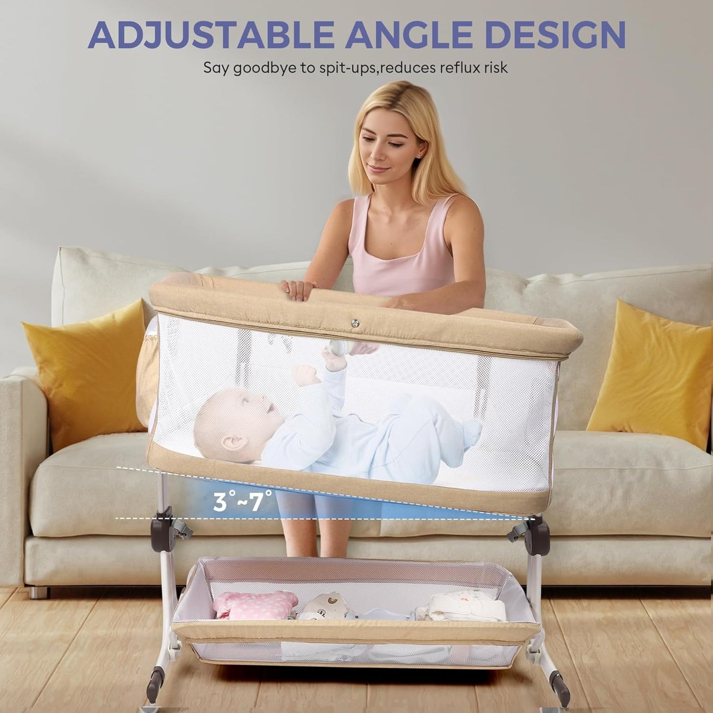 Adjustable Bedside Baby Bassinet Sleeper w/ Mesh Sides, Tilt Mode & Storage