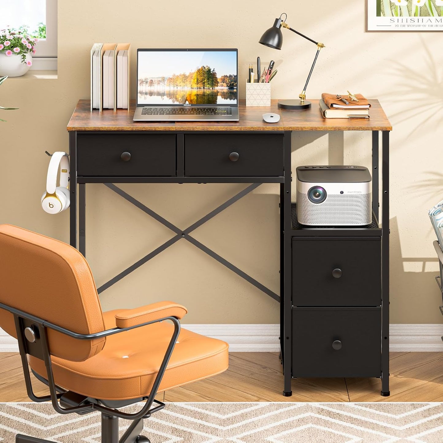 Fabric Drawer Computer Desk – Black, Compact Writing Desk with 4 Storage Drawers