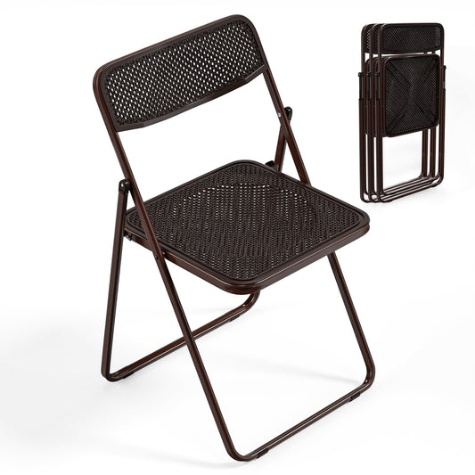 Folding Woven-Style Chairs – Brown, 4-Pack with Heavy-Duty Frame
