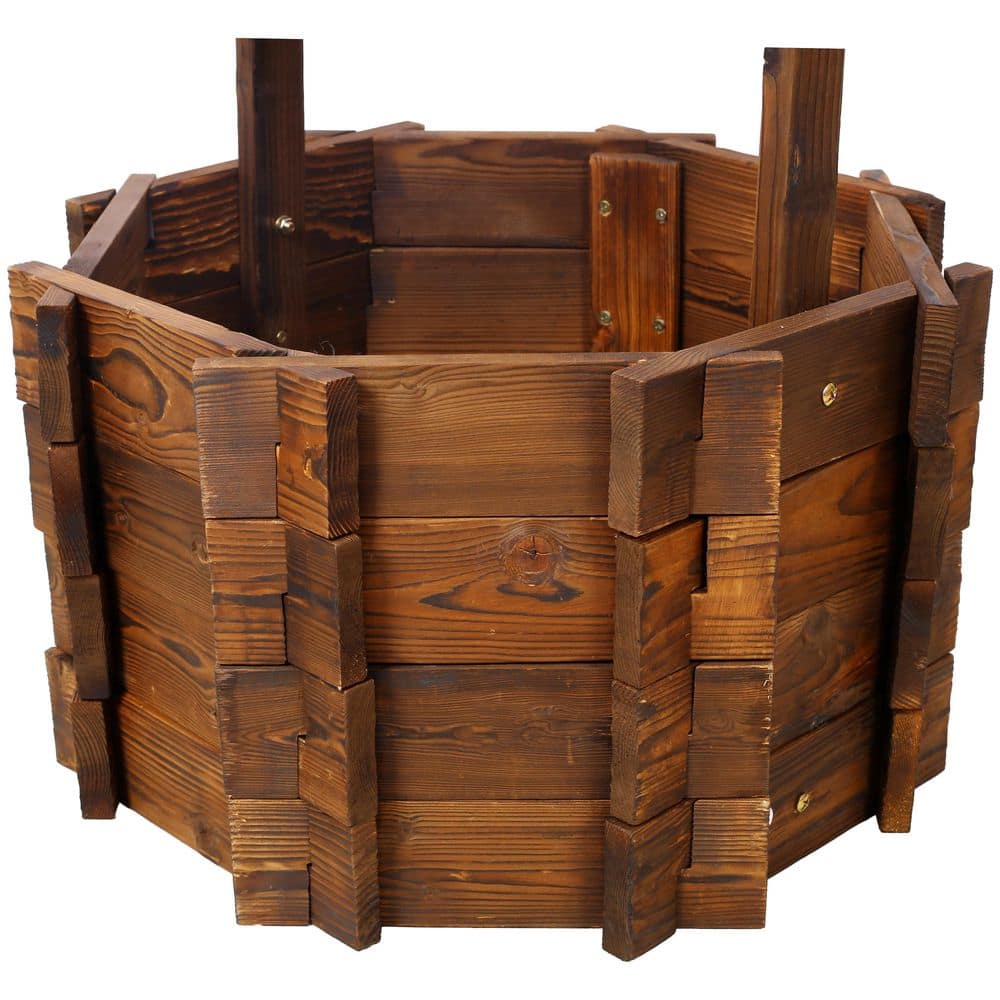 53-inch Rustic Wooden Wishing Well Planter, Outdoor Garden Decor with Hanging Bucket