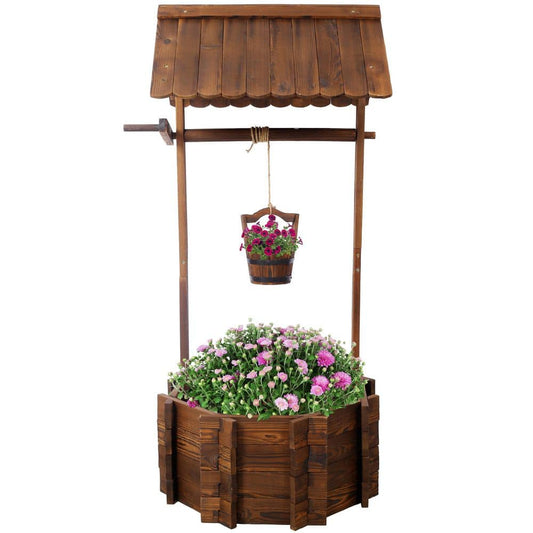 53-inch Rustic Wooden Wishing Well Planter, Outdoor Garden Decor with Hanging Bucket