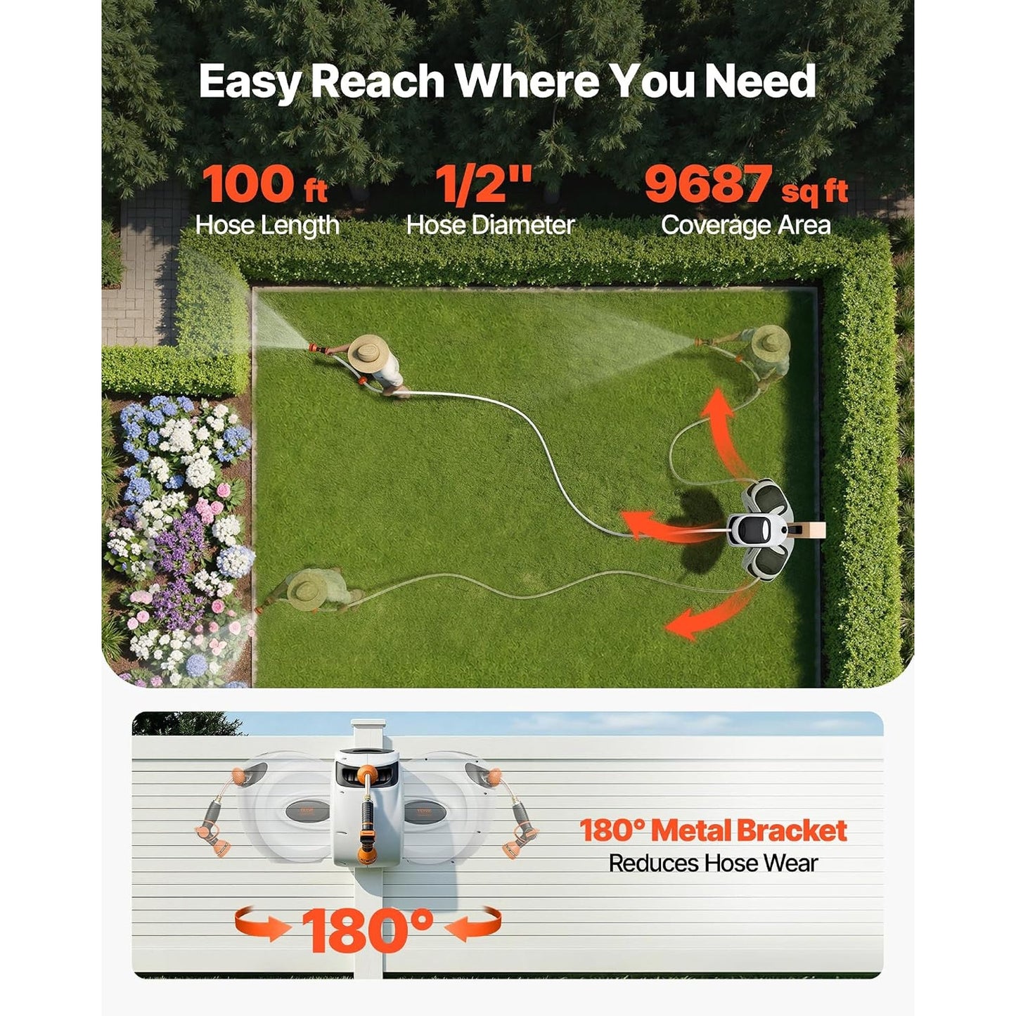 New VEVOR 100' Retractable Garden Hose Reel with 9-Pattern Nozzle