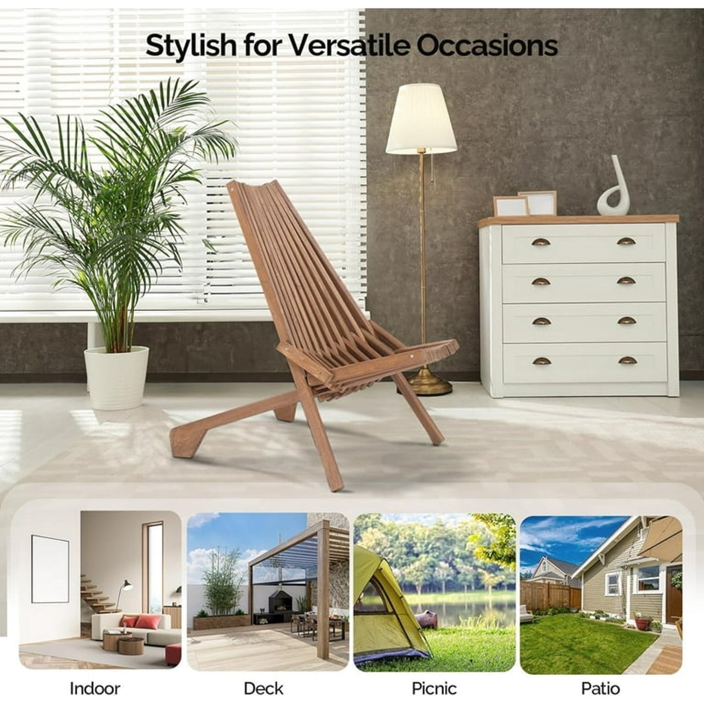 Foldable Acacia Wood Slatted Adirondack Chair – Indoor/Outdoor