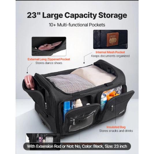 23" Rolling Dance Bag with Garment Rack & USB Charging Port – Black