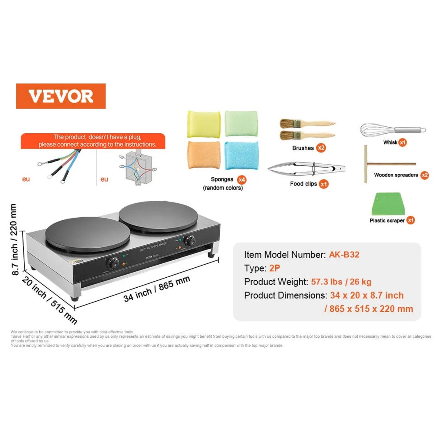 Electric Crepe Maker 16-Inch Double Head Commercial 3400W Nonstick