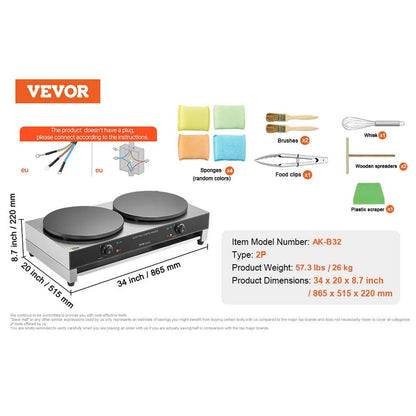 Electric Crepe Maker 16-Inch Double Head Commercial 3400W Nonstick