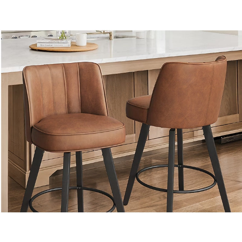 Set of Light Brown Swivel Bar Chairs – Faux Leather, Counter/Bar Height