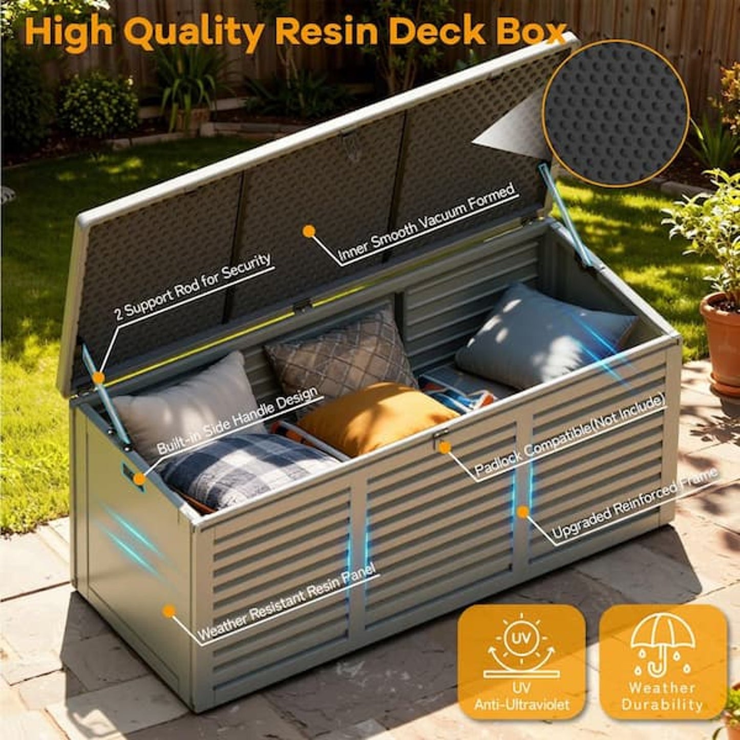 130-Gallon Outdoor Resin Deck Box with Hydraulic Lid and Steel Reinforcement