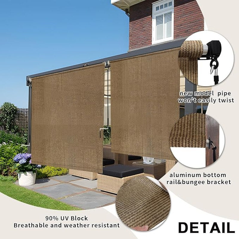 Outdoor Roller Shade 7x6 Walnut – Cordless Patio Roll-Up Shade- NIB