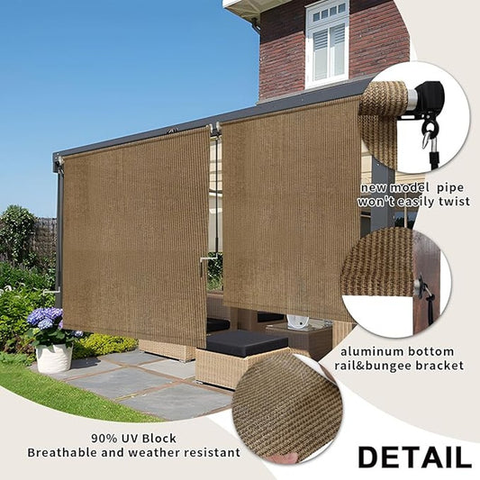 Outdoor Roller Shade 7x6 Walnut – Cordless Patio Roll-Up Shade- NIB