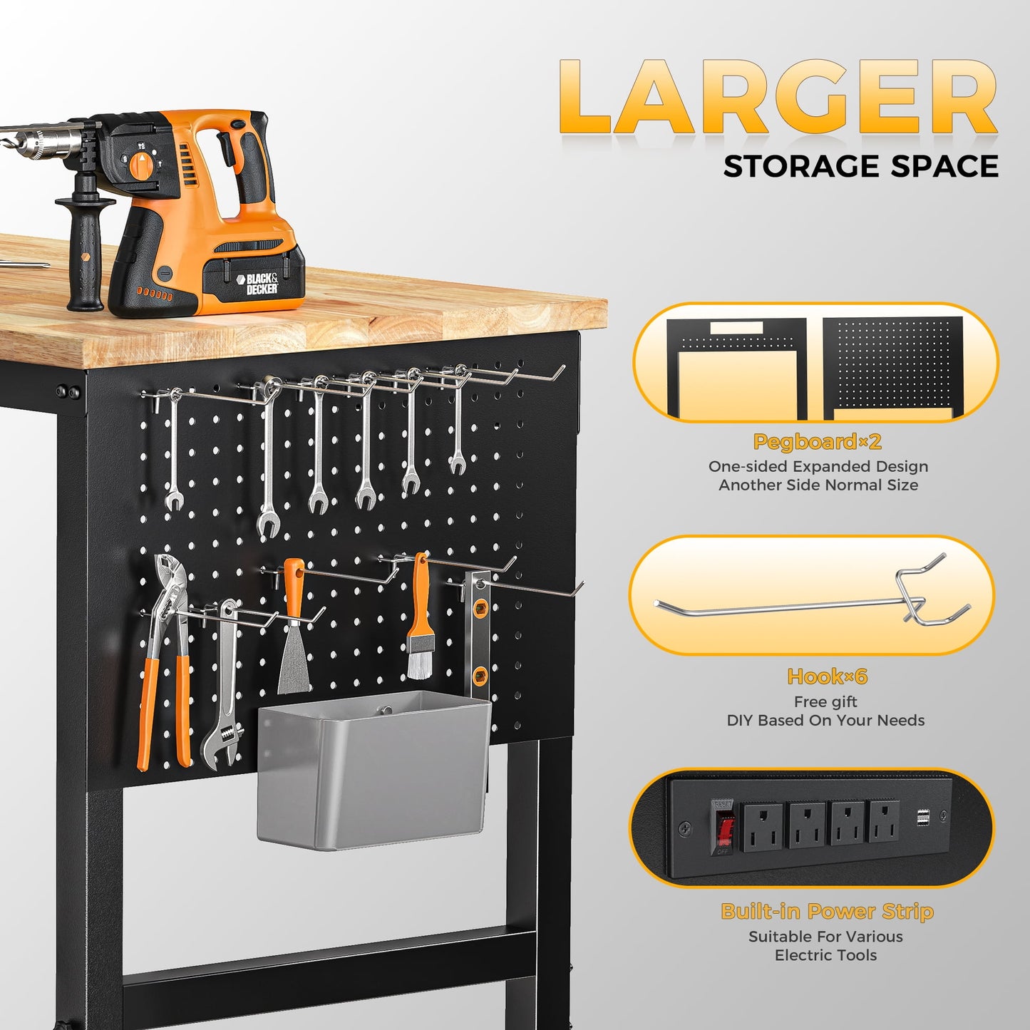 CAMMOO 48-Inch Adjustable Heavy-Duty Workbench with Pegboard, Power Outlets, 2000 lbs