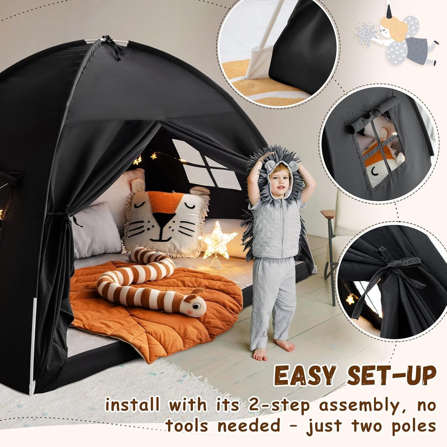 Twin Bed Tent Playhouse w/ Windows Doors Black Polycotton