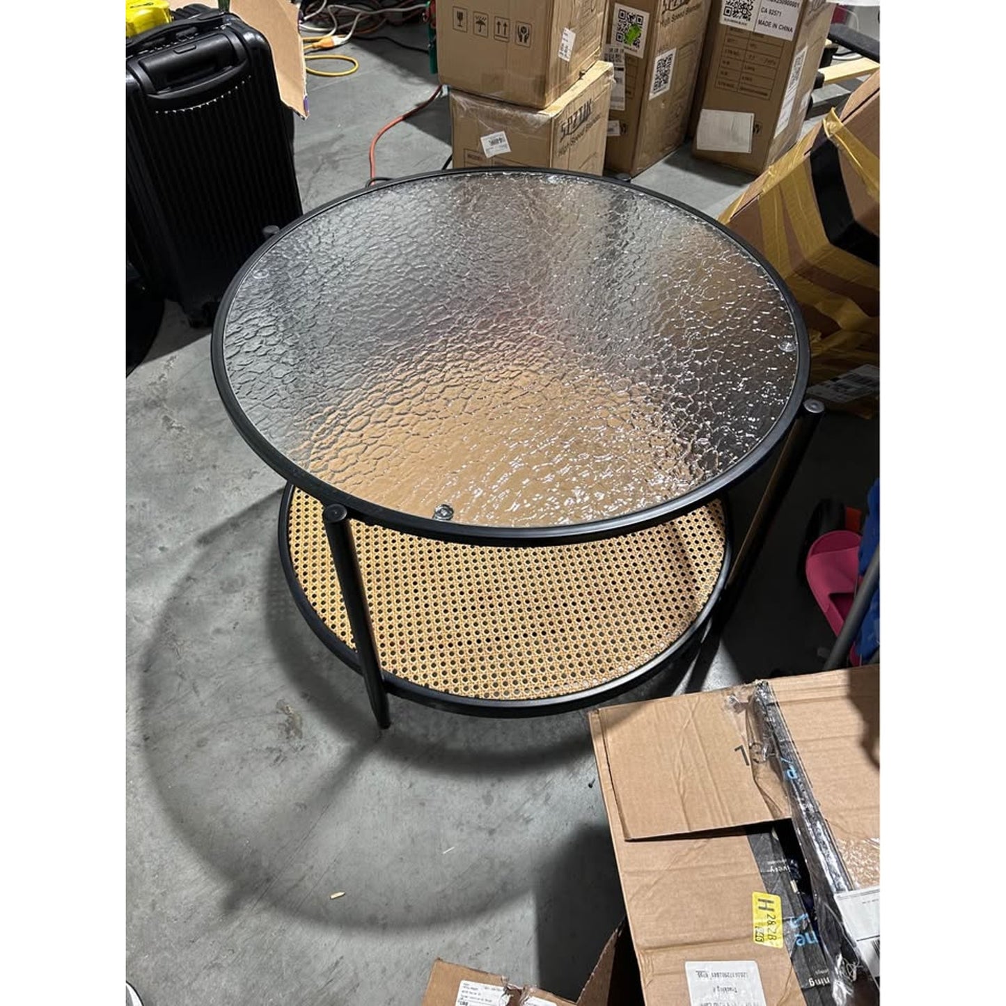 28" Round Glass Coffee Table w/ Woven Rattan Storage Shelf