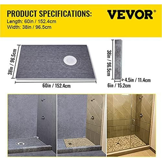 38″×60″ Gray Waterproof Shower Substrate & Tile‑Ready Kit
