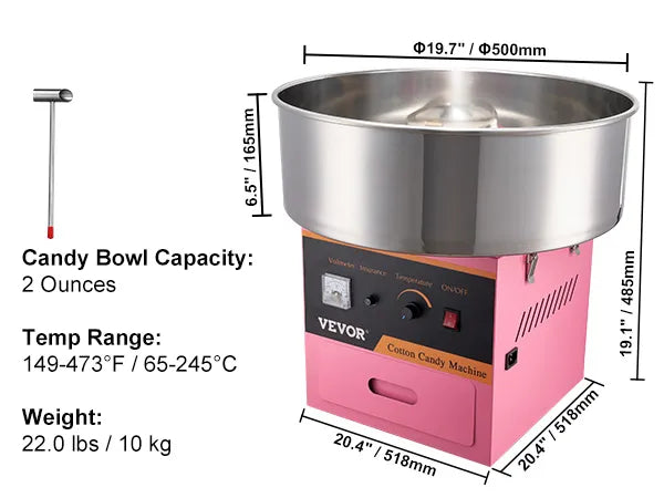 Electric Cotton Candy Machine 1000W Floss Maker With Stainless Steel Bowl Pink