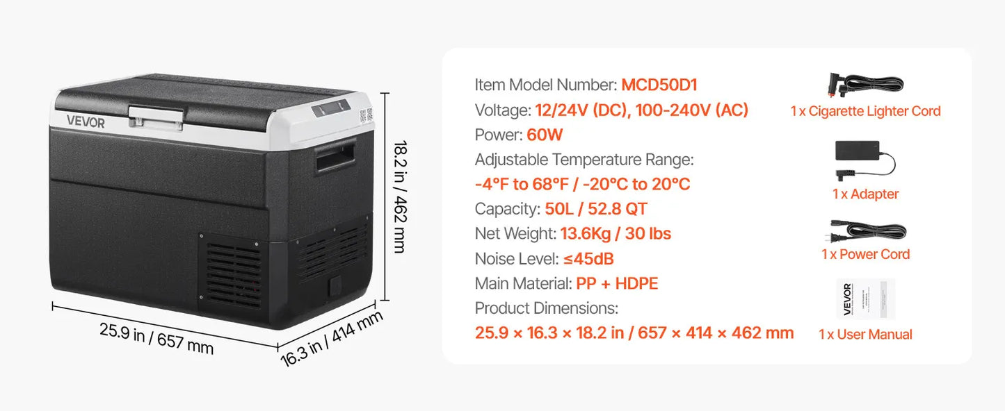52.8QT 50L Portable Electric Cooler with -4℉~68℉ Adjustable Temperature