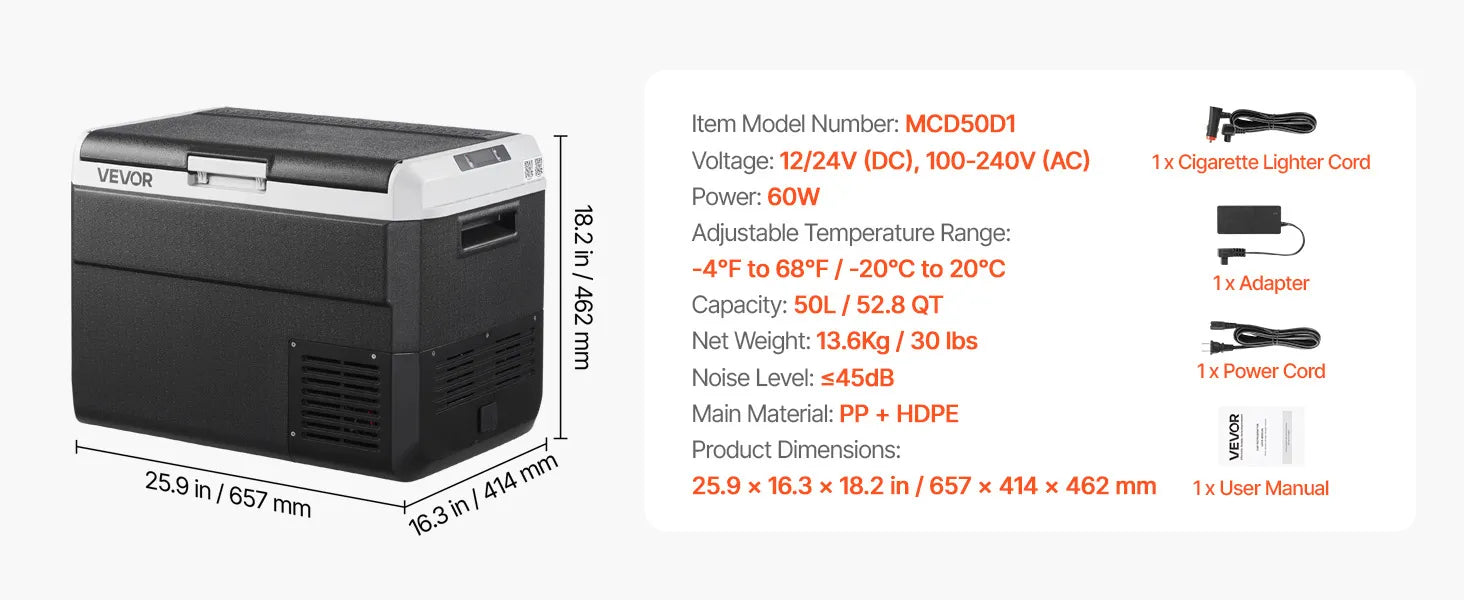 52.8QT 50L Portable Electric Cooler with -4℉~68℉ Adjustable Temperature