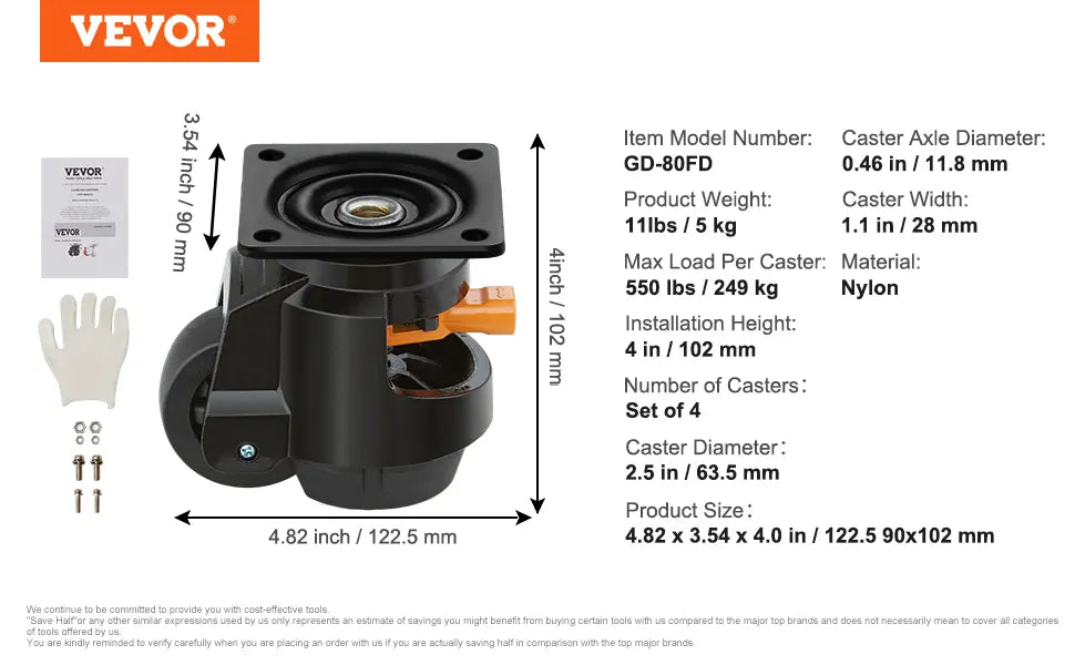 Leveling Casters Set of 4 2200 Lbs Total Load Capacity 2.5 Inches Heavy Duty 360 Degree Swivel with Feet for Workbench Machine