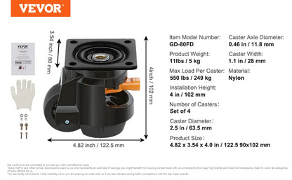 Leveling Casters Set of 4 2200 Lbs Total Load Capacity 2.5 Inches Heavy Duty 360 Degree Swivel with Feet for Workbench Machine
