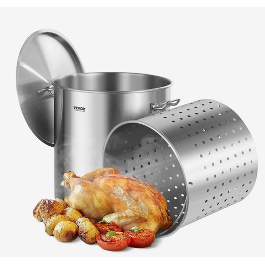 VEVOR 84-Quart Stainless Steel Stockpot with Basket & Lid – New