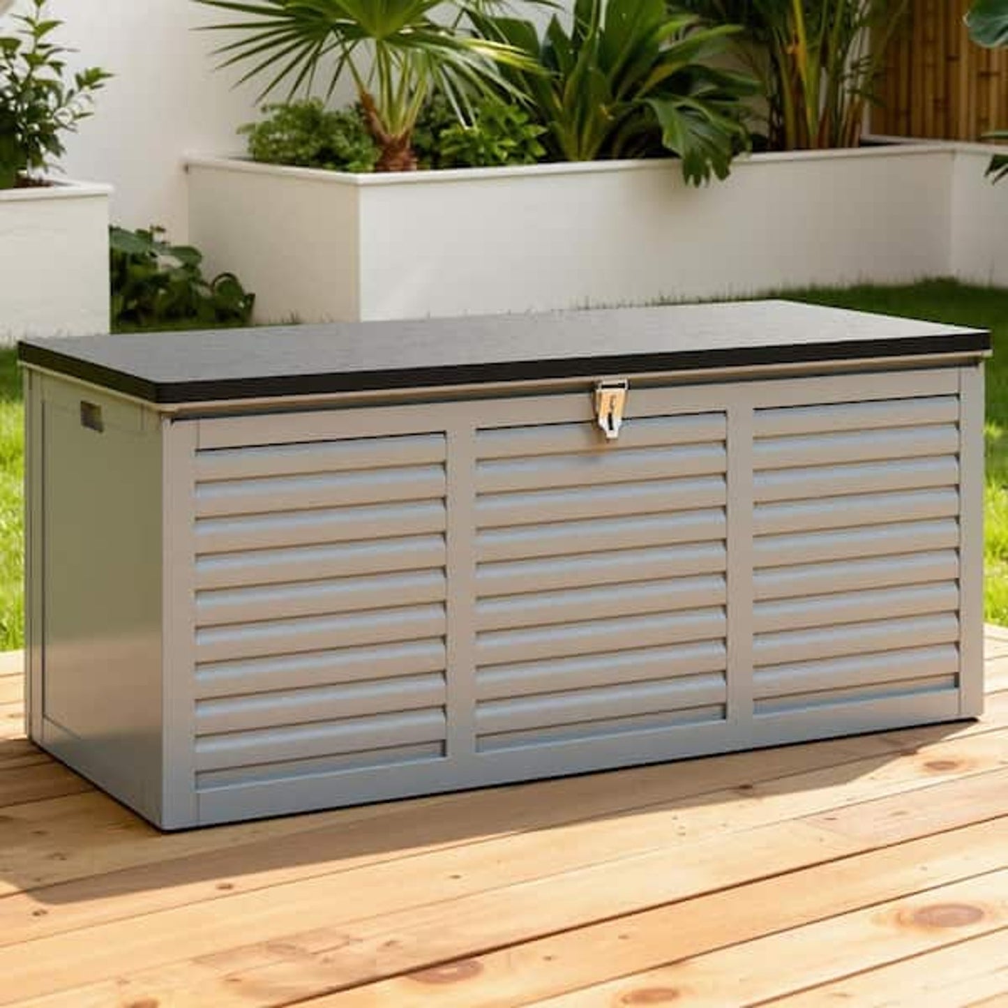 130-Gallon Outdoor Resin Deck Box with Hydraulic Lid and Steel Reinforcement